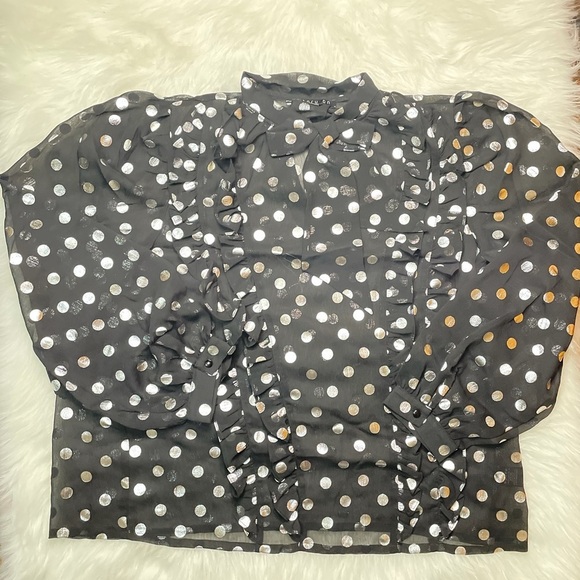 Women Printed Polka Dot Bow Tied Neck Lantern Sheer Long Sleeve Workwear Blouse - Picture 4 of 7